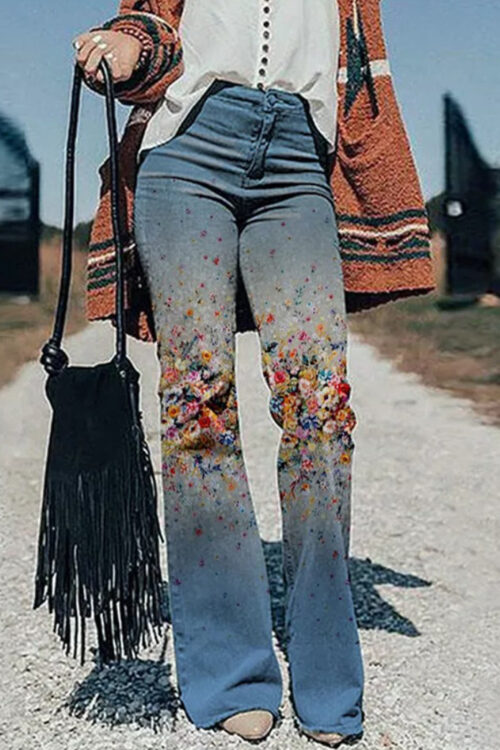 Casual Floral Wide Leg Jeans