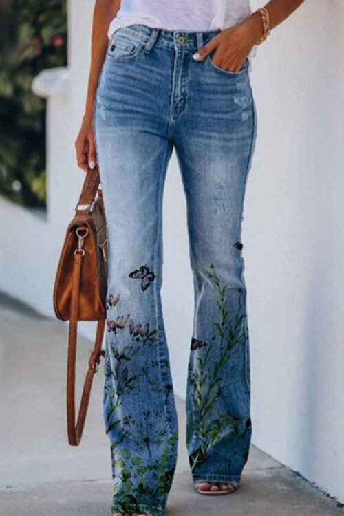 Buttoned High-rise Floral Flared Leg Jeans