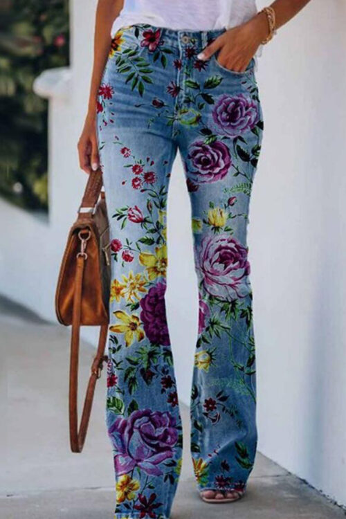 Retro Floral High Waisted Flare Leg  Jeans