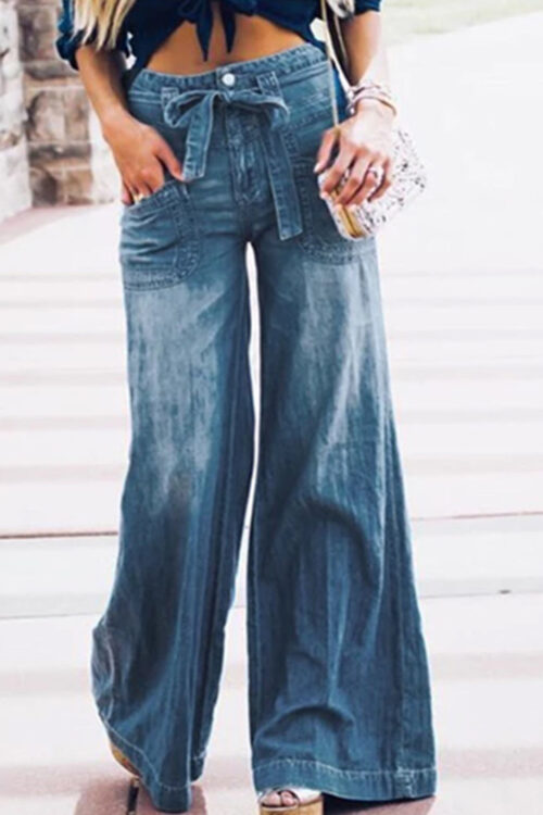 Vintage Lace-up Washed Denim Wide Leg Pants