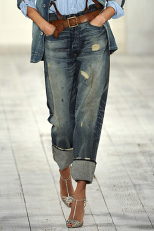 Retro Plain Distressed Light Washed Denim Pants