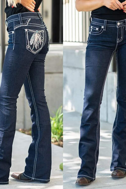 Feather Embroidery Mid Waist Stretchy Jeans